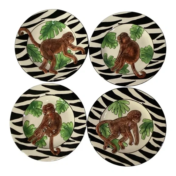 Becca Signature Collection Monkey Lunch Plates Set of 4 Zebra Rim 8” USA - Picture 8 of 8